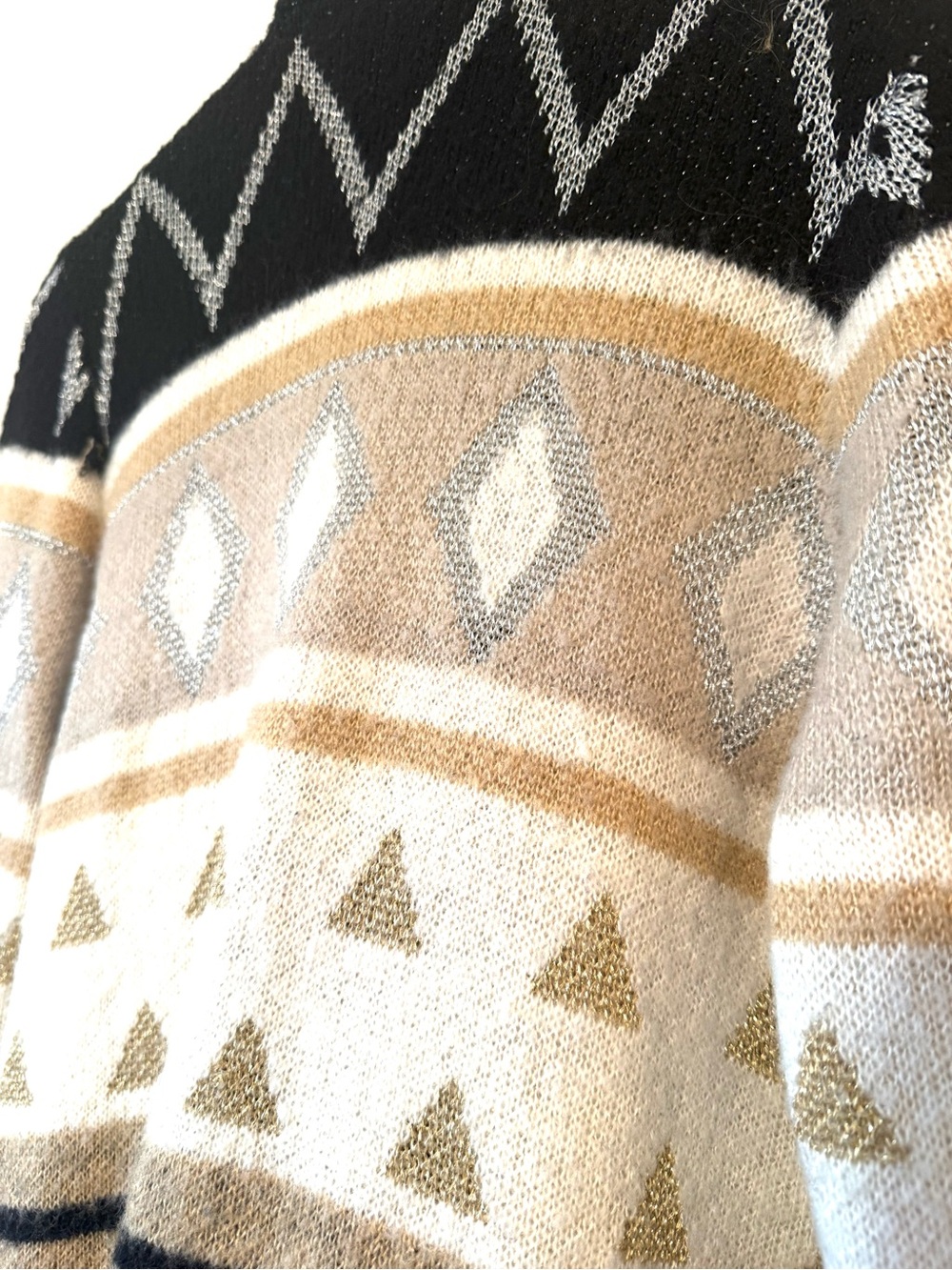 Black Beige Geometric Open Front Cardigan Sweater | Metallic Thread | Cozy Boho - Picture 4 of 5